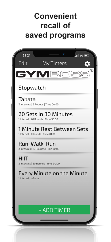 Gymboss Interval Timer - Interface of the Gymboss app displaying a list of saved workout timers like Tabata and HIIT