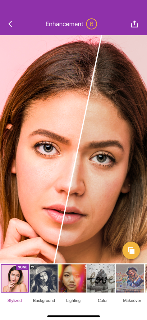 Before and after comparison of automatic face retouching and skin smoothing in the Visage app.