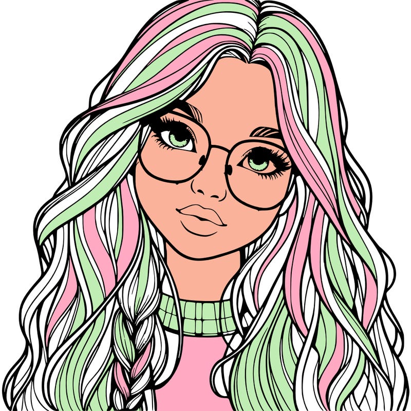 girl with long hair and freckles and glasses realistic