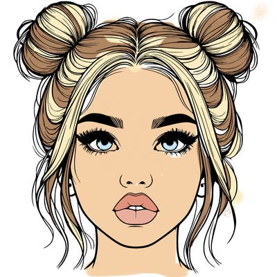 realistic girl with two buns on her hair and lips