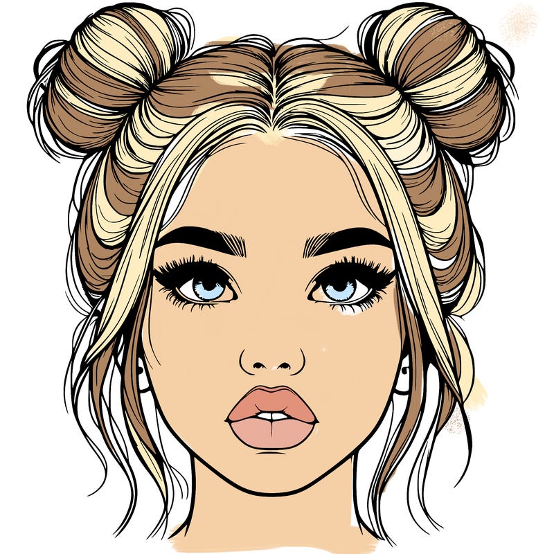 realistic girl with two buns on her hair and lips