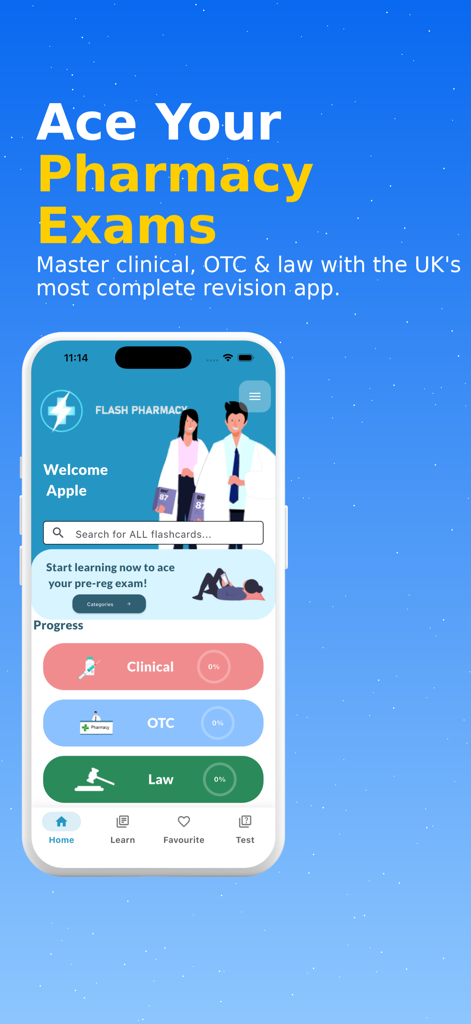 Flash Pharmacy - Flash Pharmacy mobile app home screen showing Clinical OTC and Law study categories with progress tracking