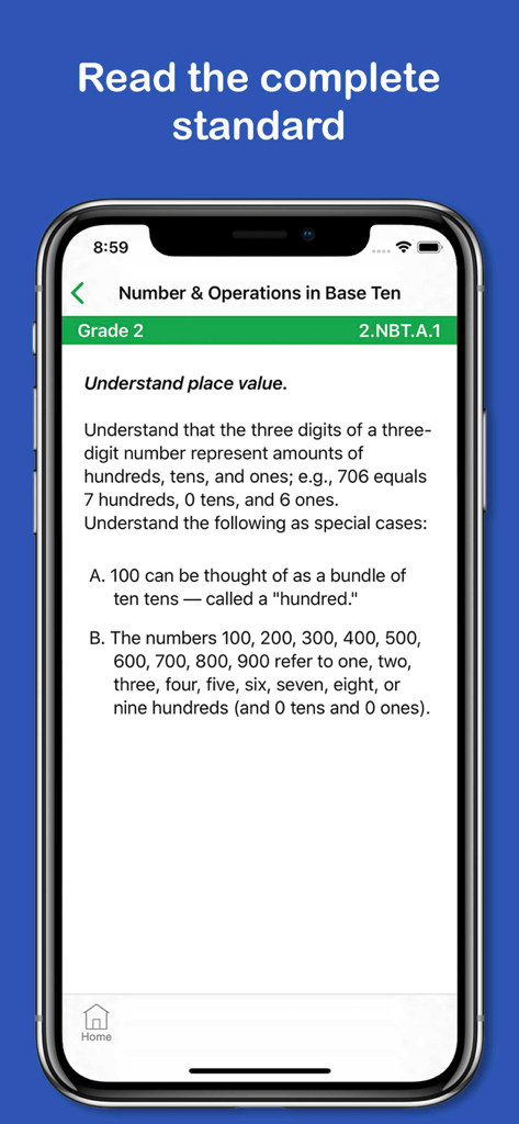 Common Core Pocket - Common Core Pocket app displaying Grade 2 Number and Operations in Base Ten math standards