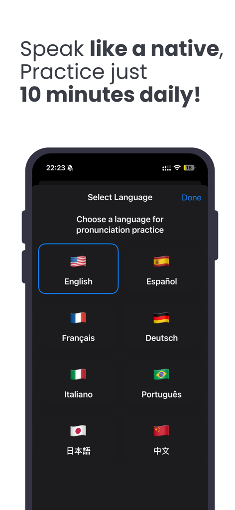 Accent Training - Vocabulary - Mobile app screen showing various languages for pronunciation practice including English Spanish and French