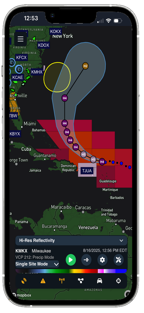cycRad - cycRad app showing hurricane tracking path and high-resolution radar data on a map