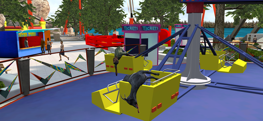 Goat Simulator - Una cabra y un personaje revoloteando en un coche de atracción de parque de diversiones amarillo usando física de trapo