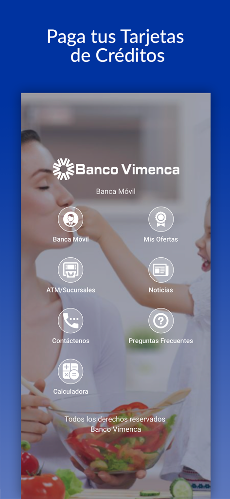 Banco Vimenca mobile banking app interface showing options for credit card payments and branch locations
