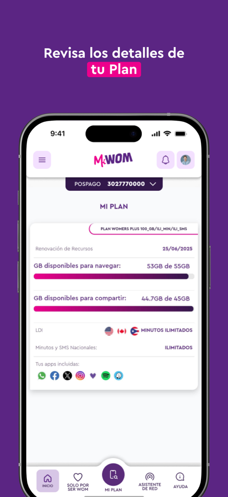 Interfaccia dell'app Mi WOM che mostra i dettagli del piano mobile e il consumo di dati