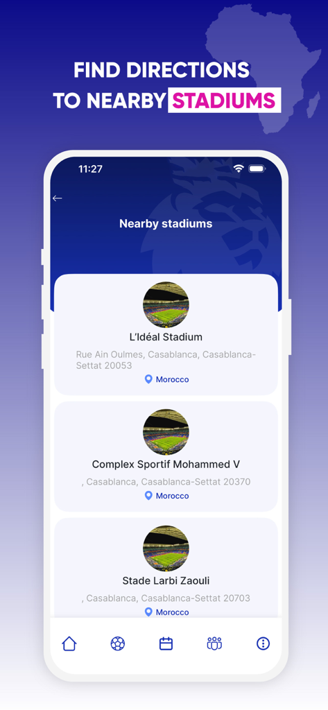 Schermata dell'app mobile che mostra un elenco di stadi di calcio nelle vicinanze con indirizzi e indicazioni stradali