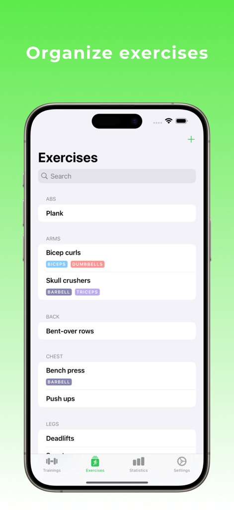 GymTrack: Workout Tracker - Interface de l'application GymTrack montrant une liste d'exercices classés par groupes musculaires sur un iPhone.