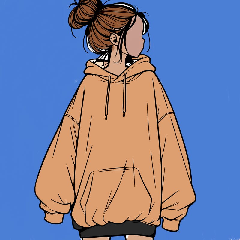 realistic girl with a oversized sweatshirt on and a bun