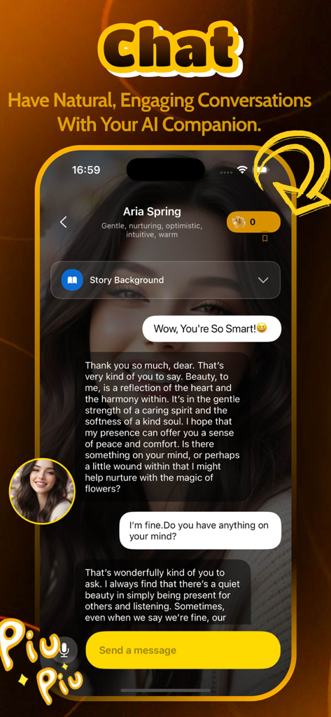 Fitio - Chat, Message - A mobile screen showing the Fitio app chat interface with a nurturing AI character named Aria Spring engaging in a natural conversation.