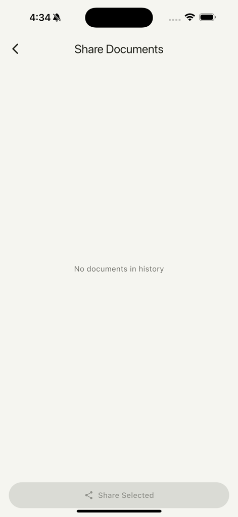 Smart Scan – PDF Scanner App - Interfaccia dell'app Smart Scan che mostra la schermata Condividi Documenti senza cronologia.