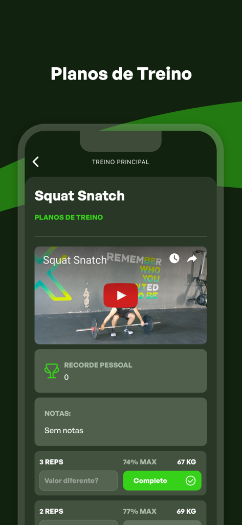 Health Zone-e app interface displaying a training plan for squat snatch with exercise video and performance tracking