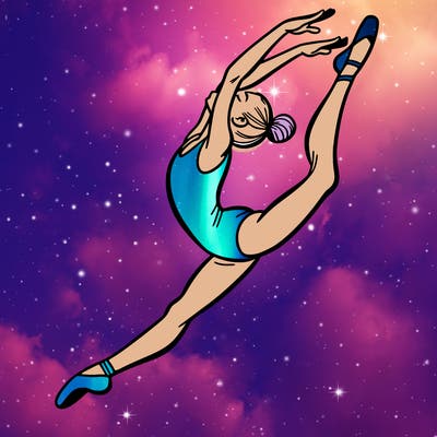 gymnast doing a leap in a leotard with a bent back leg