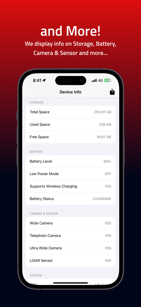 iDevice Info App - App interface showing iPhone storage battery and camera sensor details