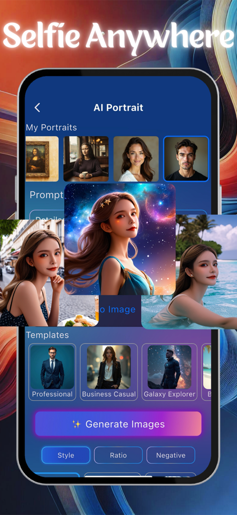 Aethia AI Photo & Video Editor - Interface do aplicativo Aethia AI mostrando o gerador de retratos AI com modelos de estilo profissional e criativo