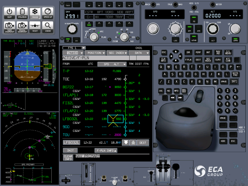 FMS A350 - エアバスA350フライトマネジメントシステムトレーニングインターフェース。コックピットコントロールと飛行計画が表示されます。