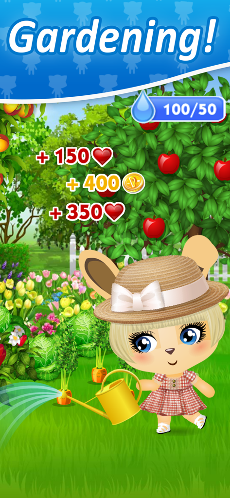 A cute virtual pet character in a hat and dress watering a garden with a yellow watering can.