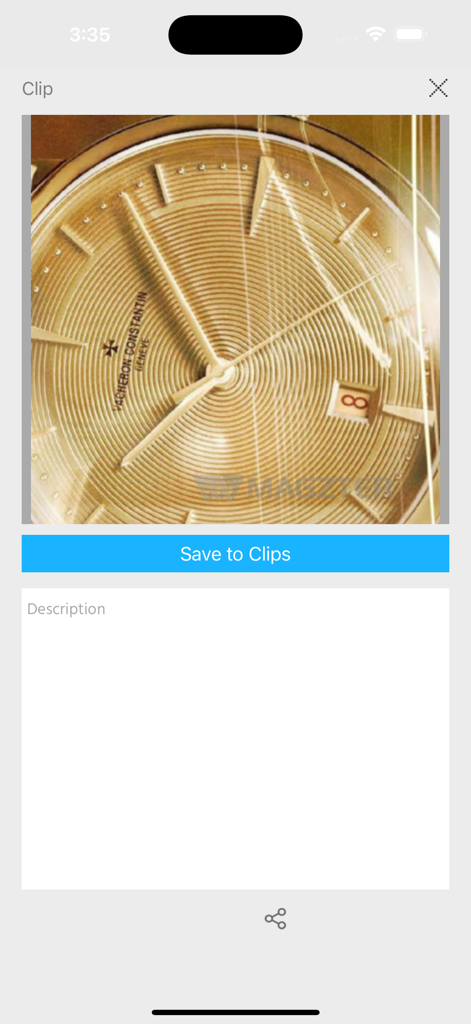 GMT German-English - Close-up view of a Vacheron Constantin watch face within the GMT magazine app clipping interface