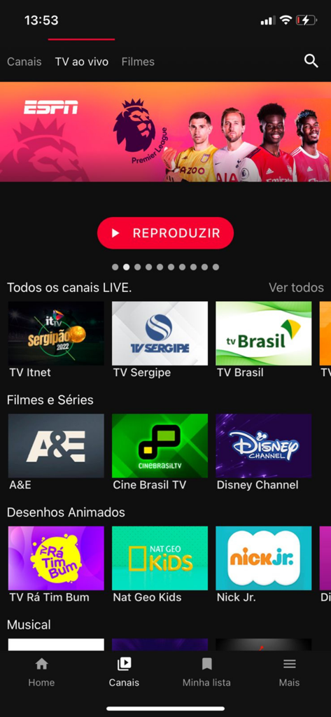 ITTV Plus - Interface do aplicativo móvel ITTV Plus com canais de TV brasileiros ao vivo e categorias de entretenimento