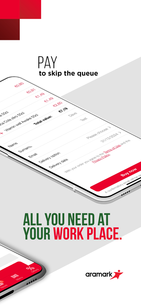 My Aramark - My Aramark mobile app interface showing the payment checkout screen to skip the queue at the workplace