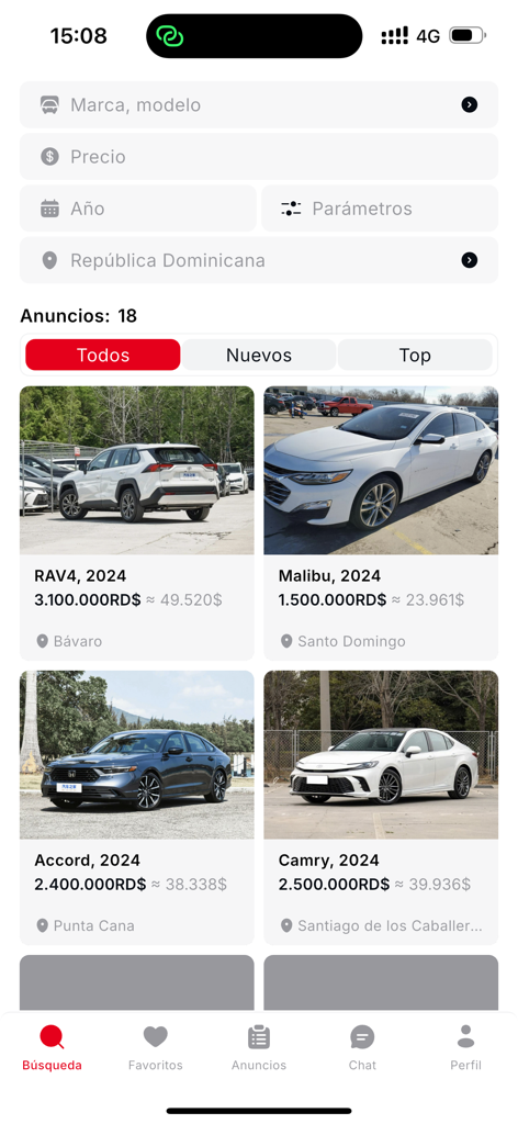 Rapi - Compra y Venta de Autos - Rapi mobile app interface showing car search results and filters for the Dominican Republic.