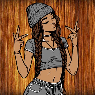realistic teenage girl with braids and a beanie and crop top doing 🫶🏼