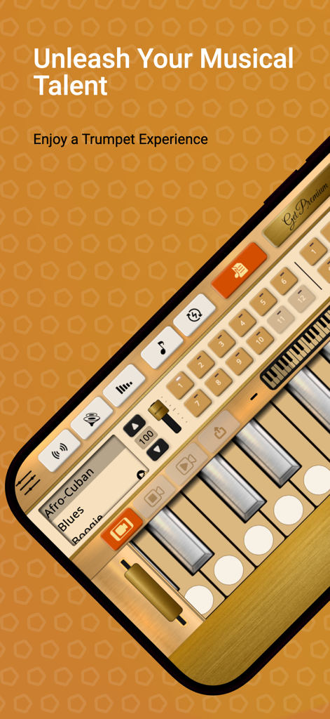 Una captura de pantalla de la interfaz de la aplicación Trumpet Sim con controles de instrumentos virtuales y el texto Libera tu Talento Musical