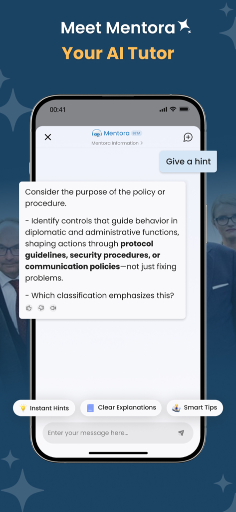 FSOT Practice Test 2026 - Mentora AI tutor interface in the FSOT Practice Test app showing exam study hints and explanations.