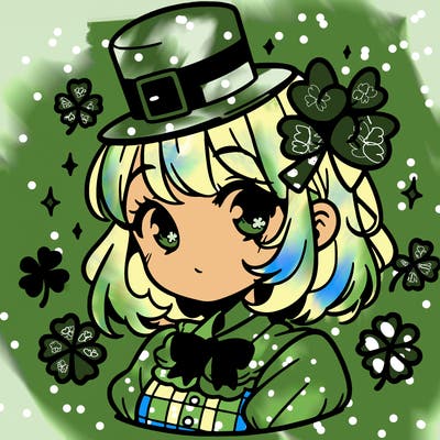 a manga-style girl with clovers around her, a little hat in her hair, like it's saint patrick's day
