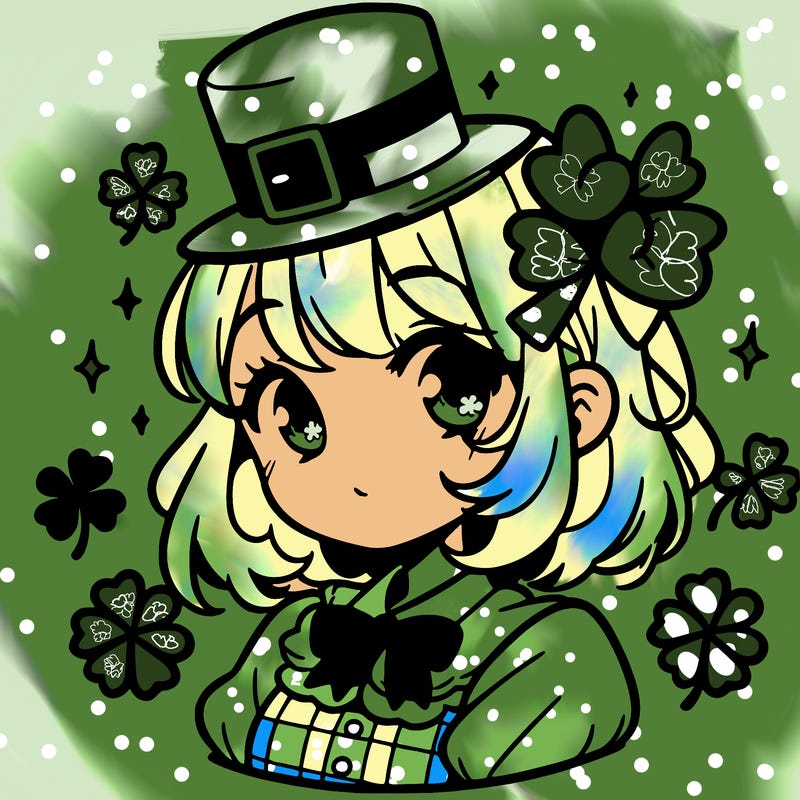 a manga-style girl with clovers around her, a little hat in her hair, like it's saint patrick's day