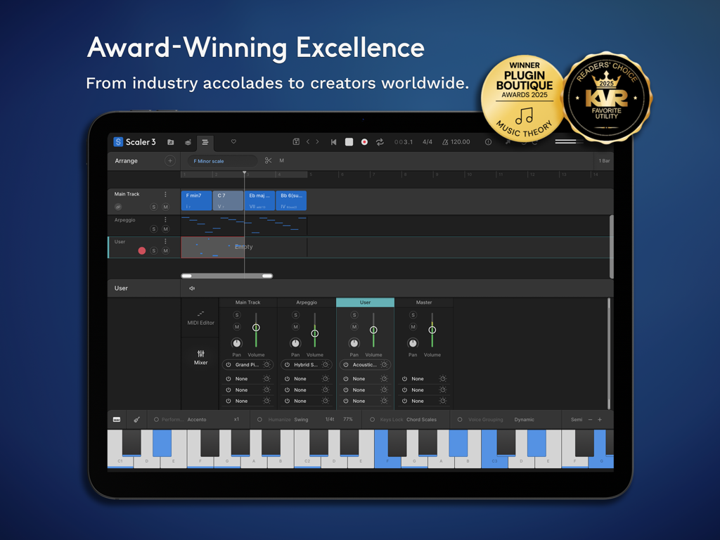 Estación de trabajo de teoría musical Scaler 3 para iPad que muestra insignias de premios y la interfaz de la aplicación