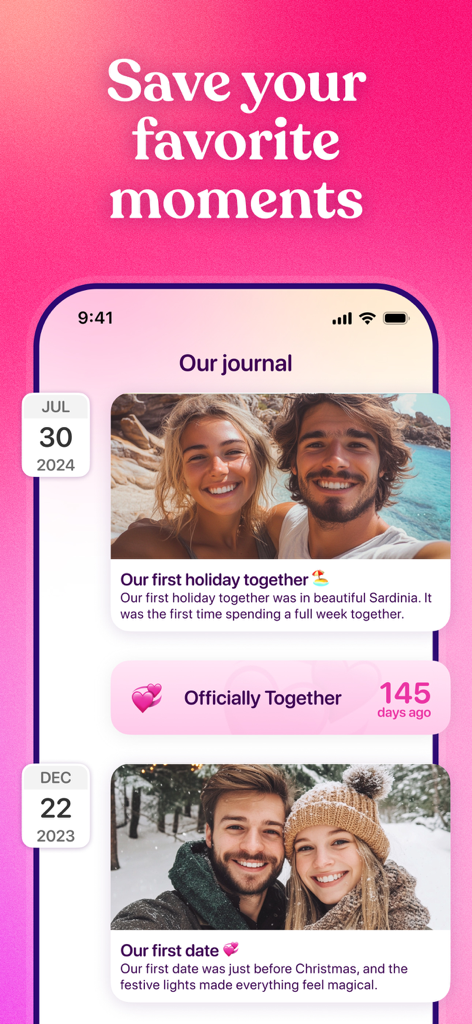 Couple Joy - Relationship App - Couple Joyアプリの共有デジタルジャーナルインターフェース。日付と説明付きのカップルの写真や記念日が表示されています。