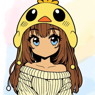 anime girl with chick shaped hat with sweater with bare shoulders with bangs covering them one eye with low tail