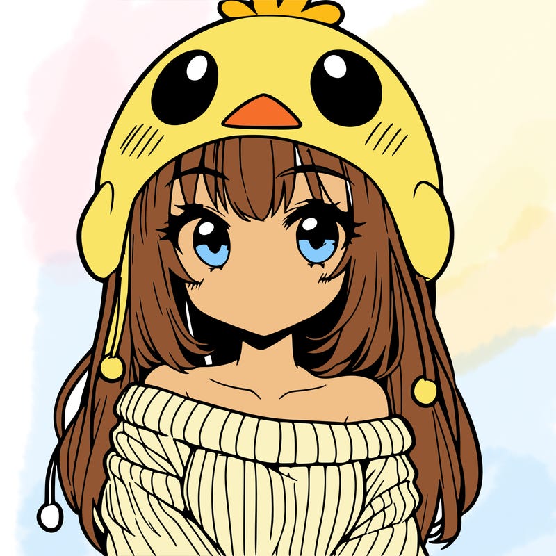 anime girl with chick shaped hat with sweater with bare shoulders with bangs covering them one eye with low tail