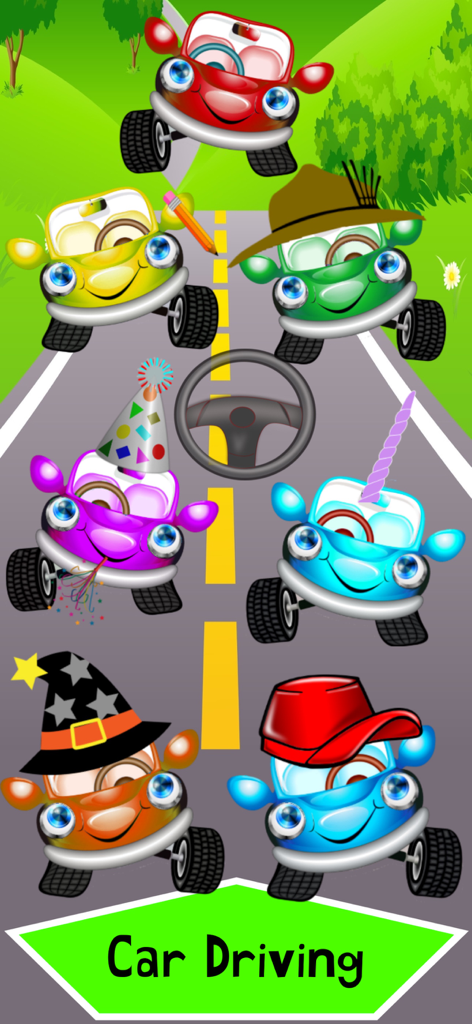 Car Match 2026 - Traffic Jam - Colorful cartoon cars with funny hats and faces driving on a road in the Car Match 2026 game for kids