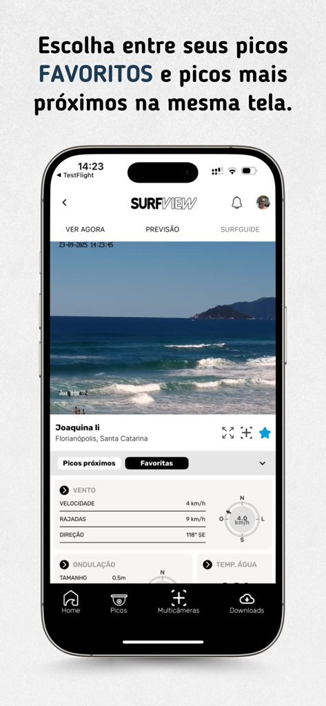 SurfView - SurfView mobile app interface showing a live HD camera feed and surf weather data for a beach in Brazil