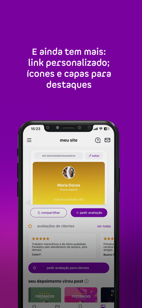 Ahazou: seus posts prontos - Interface de aplicativo móvel do Ahazou exibindo um link de bio personalizado com avaliações e feedbacks de clientes.