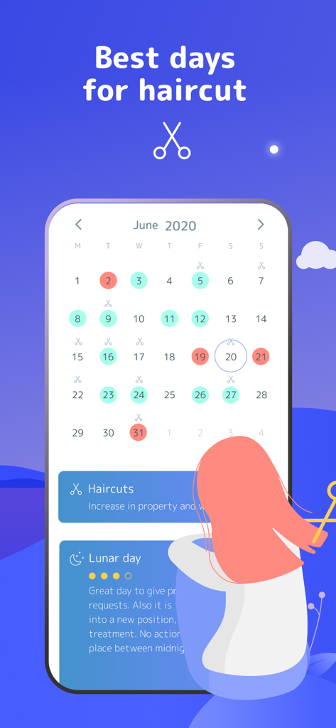 Lunar calendar screen in the Norbu app showing auspicious days for a haircut.