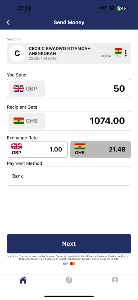 Tela do aplicativo Instntmny Transfer mostrando uma transferência de dinheiro de Libras Esterlinas para Cedi Ganense com taxas de câmbio em tempo real