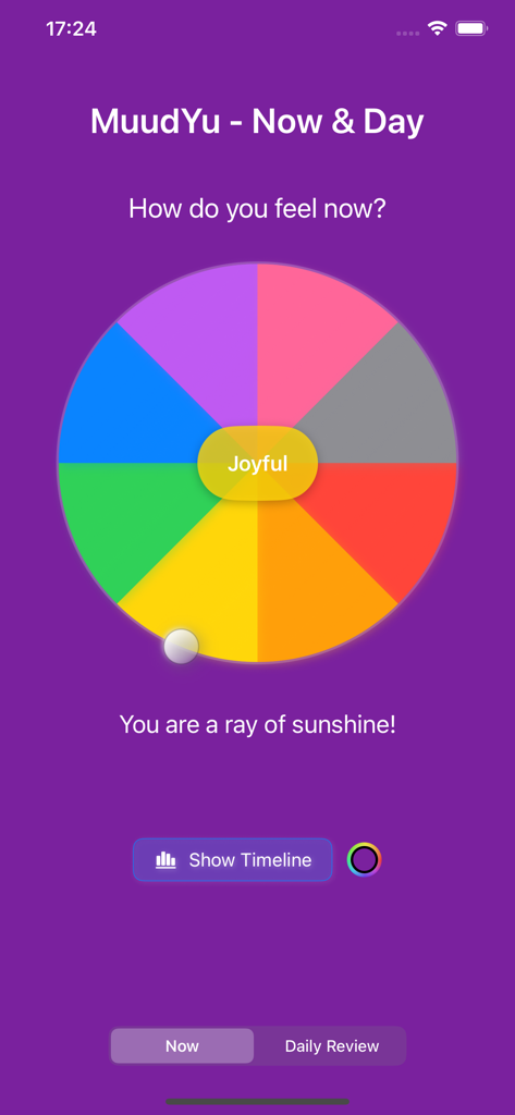 MuudYu - MuudYu app screen showing a colorful donut interface for tracking a joyful mood