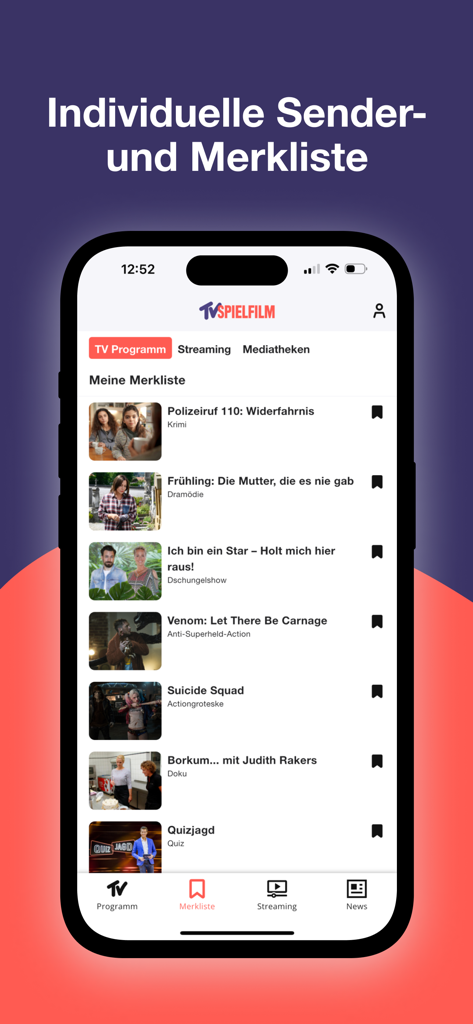 Lista di controllo personalizzata nell'app TV SPIELFILM che mostra una selezione di programmi TV e film tedeschi e internazionali