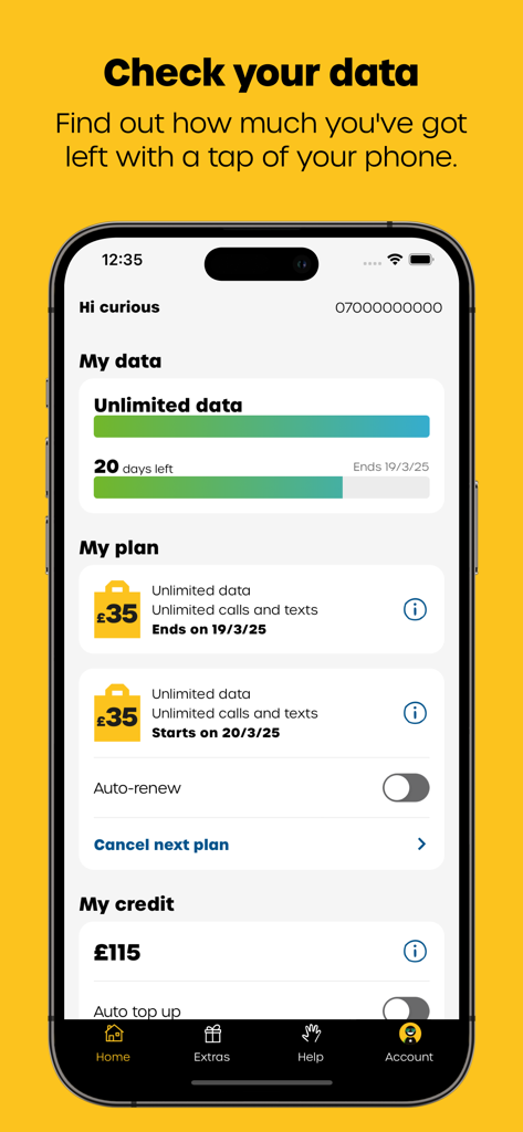 L'écran d'accueil de l'application Giffgaff affiche l'utilisation illimitée des données et les détails du forfait mobile prépayé.