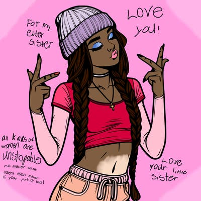 realistic teenage girl with braids and a beanie and crop top doing 🫶🏼