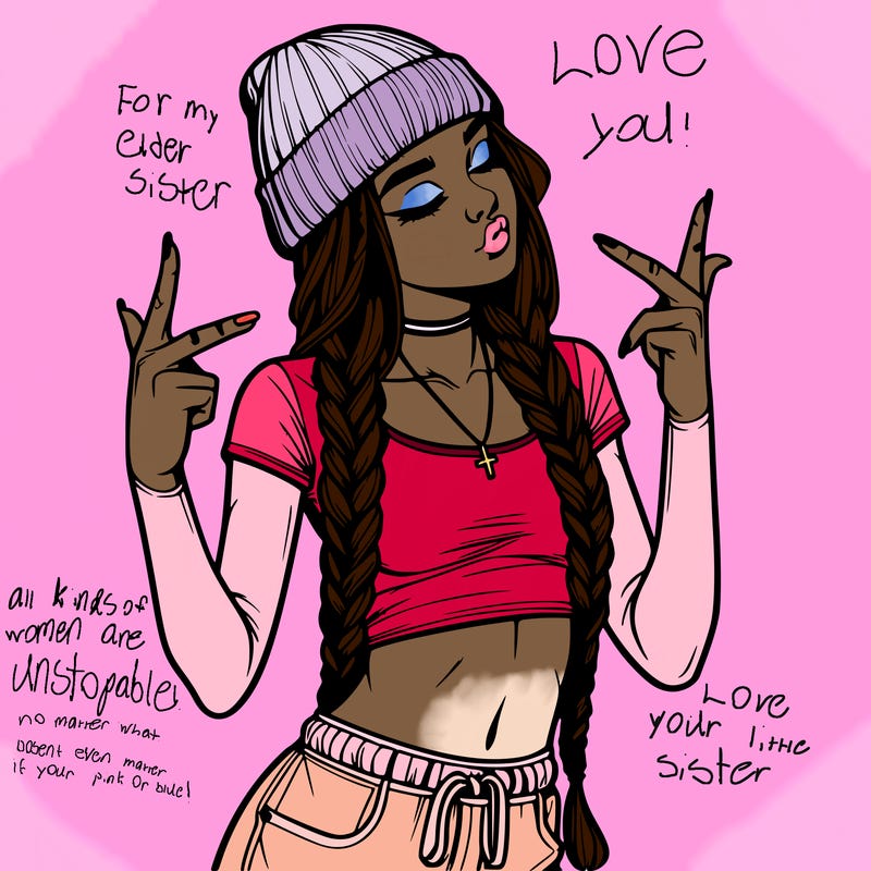 realistic teenage girl with braids and a beanie and crop top doing 🫶🏼