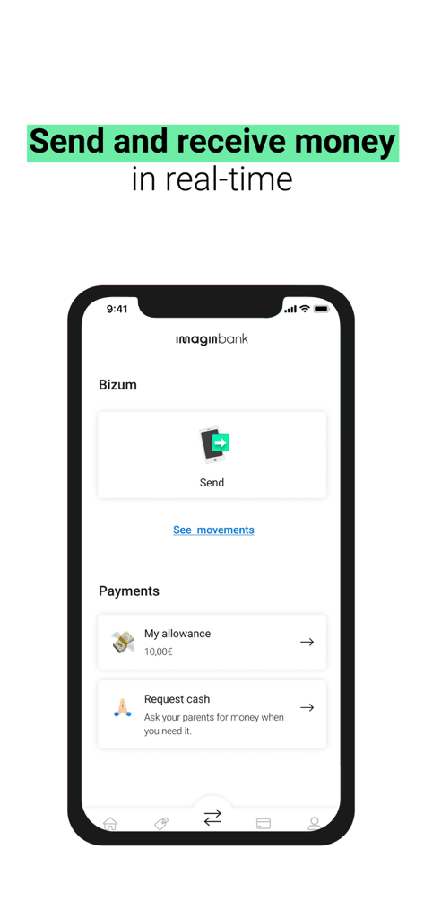 imaginTeens - Your new card - imaginTeens app screen showing real time payment and allowance features