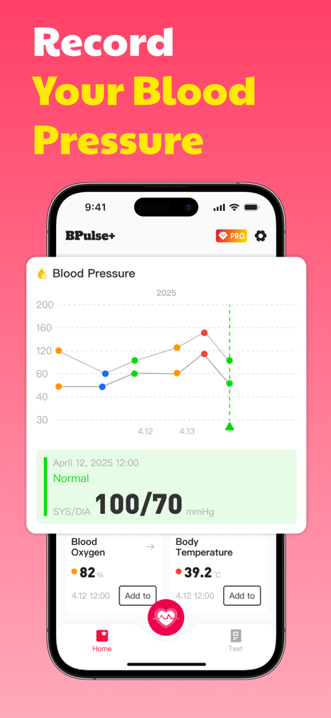 iCardial app interface showing a blood pressure history graph and a normal reading of 100 over 70 mmHg.
