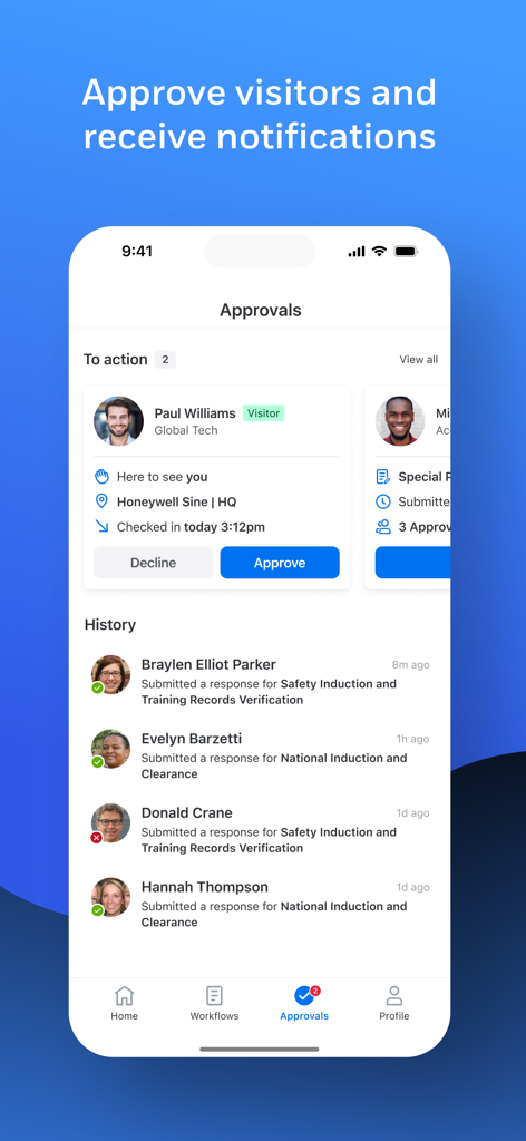 Sine Pro mobile app interface showing the visitor approvals screen with action buttons and a history of induction responses