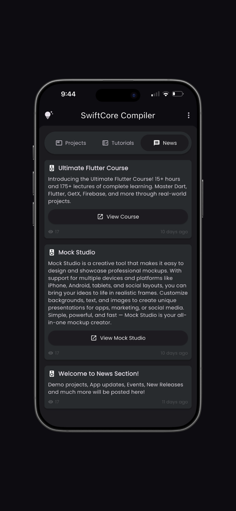 SwiftCore ‎Compiler(Pro) - Sección de noticias de la aplicación SwiftCore Compiler Pro con noticias sobre un curso de Flutter y una herramienta de diseño ficticia.